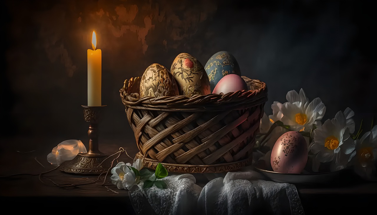 彩蛋, 一支蜡烛在燃烧, 桌上的篮子