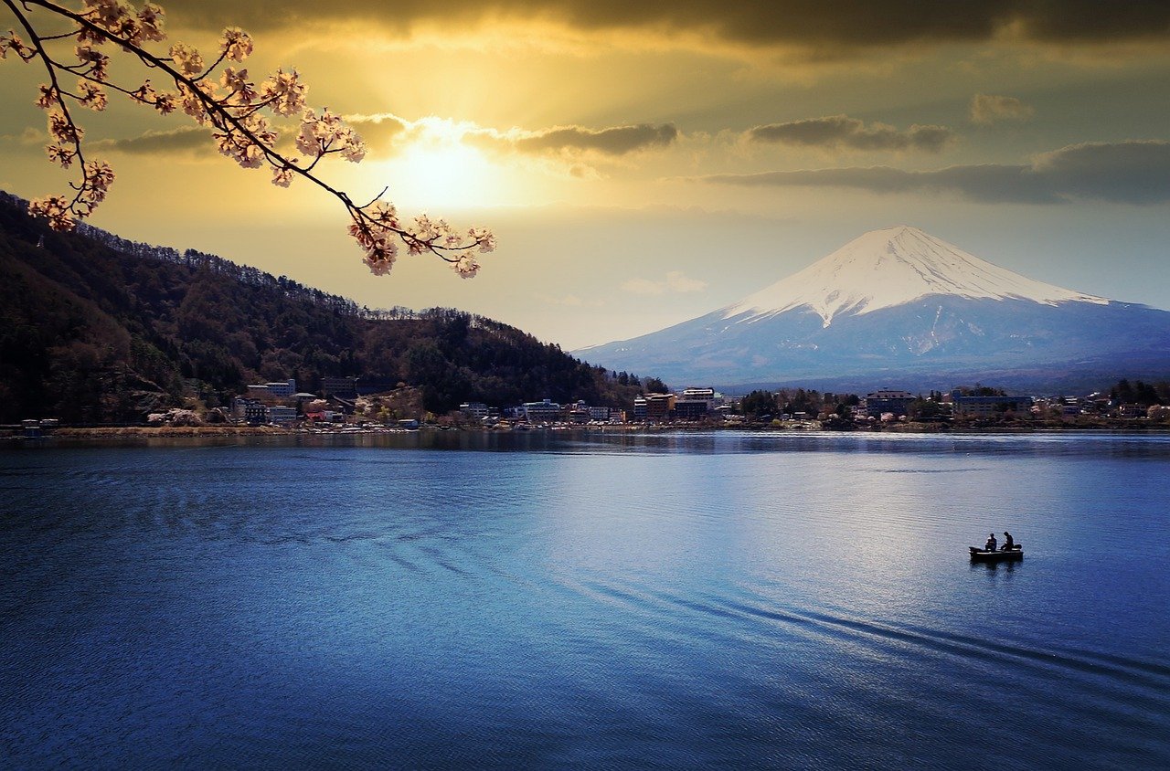 湖, 富士山, 日落