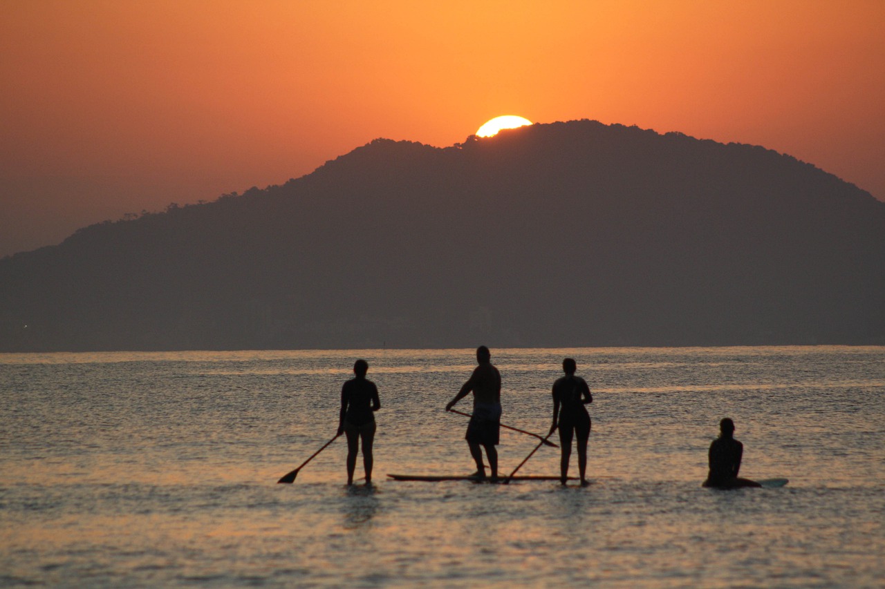 日出, paddleboarding, 海