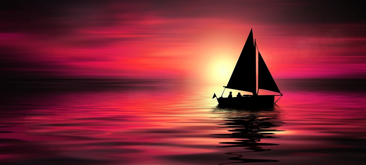 日落, 海, 帆船
